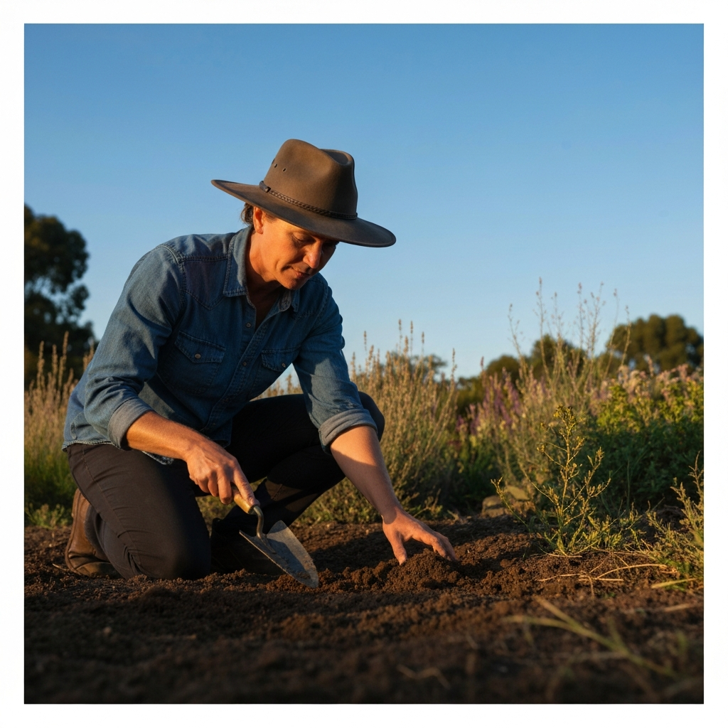 A landscape architect in a wide-brimmed hat, kneeling and examining soil texture with a trowel in hand under a clear blue sky. Golden hour lighting casts long shadows, highlighting the texture of the earth and the surrounding foliage. Soft bokeh in the background shows a variety of native plants.