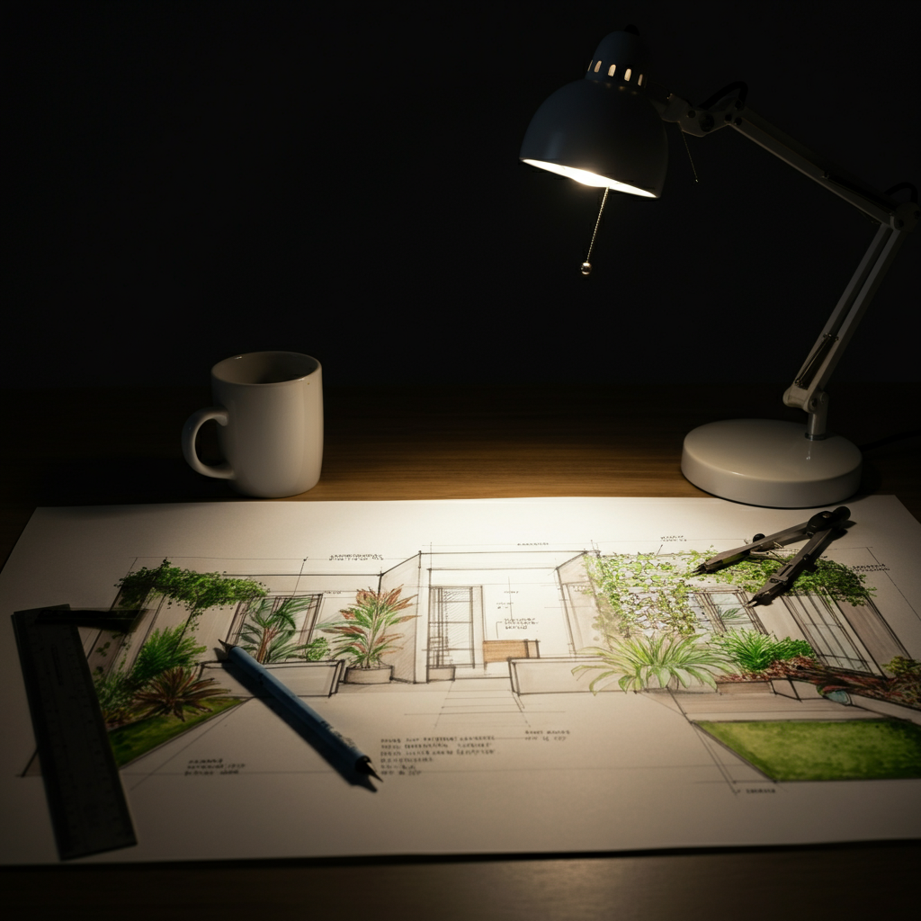 An architect's desk illuminated by a desk lamp. Close-up shot of a detailed garden design sketch with plant names and annotations. Professional drafting tools are neatly arranged around the drawing, with a half-empty mug of coffee adding a touch of realism.