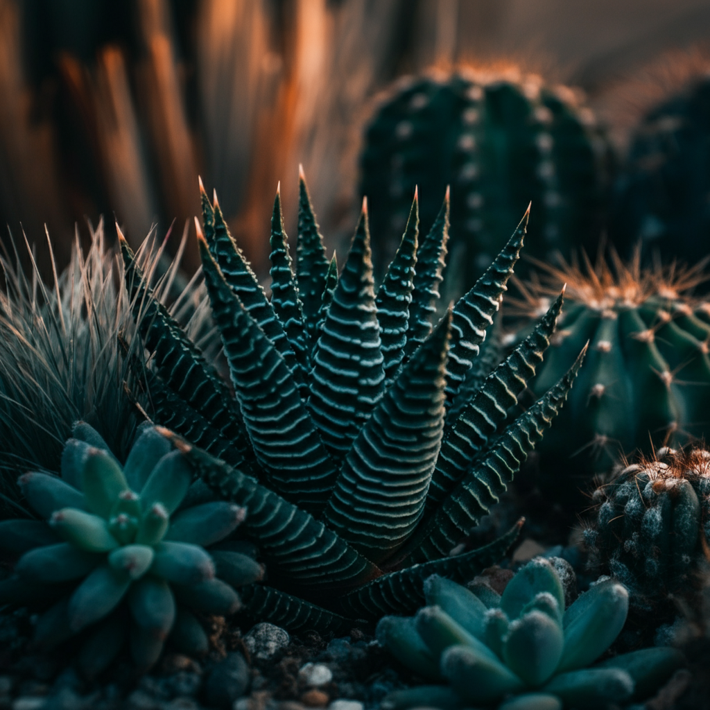 A vibrant close-up of various drought-tolerant plants: succulents with intricate patterns, flowering cacti in bloom, and swaying ornamental grasses. Soft, side-lit textures highlight the unique features of each plant, with selective focus creating depth.