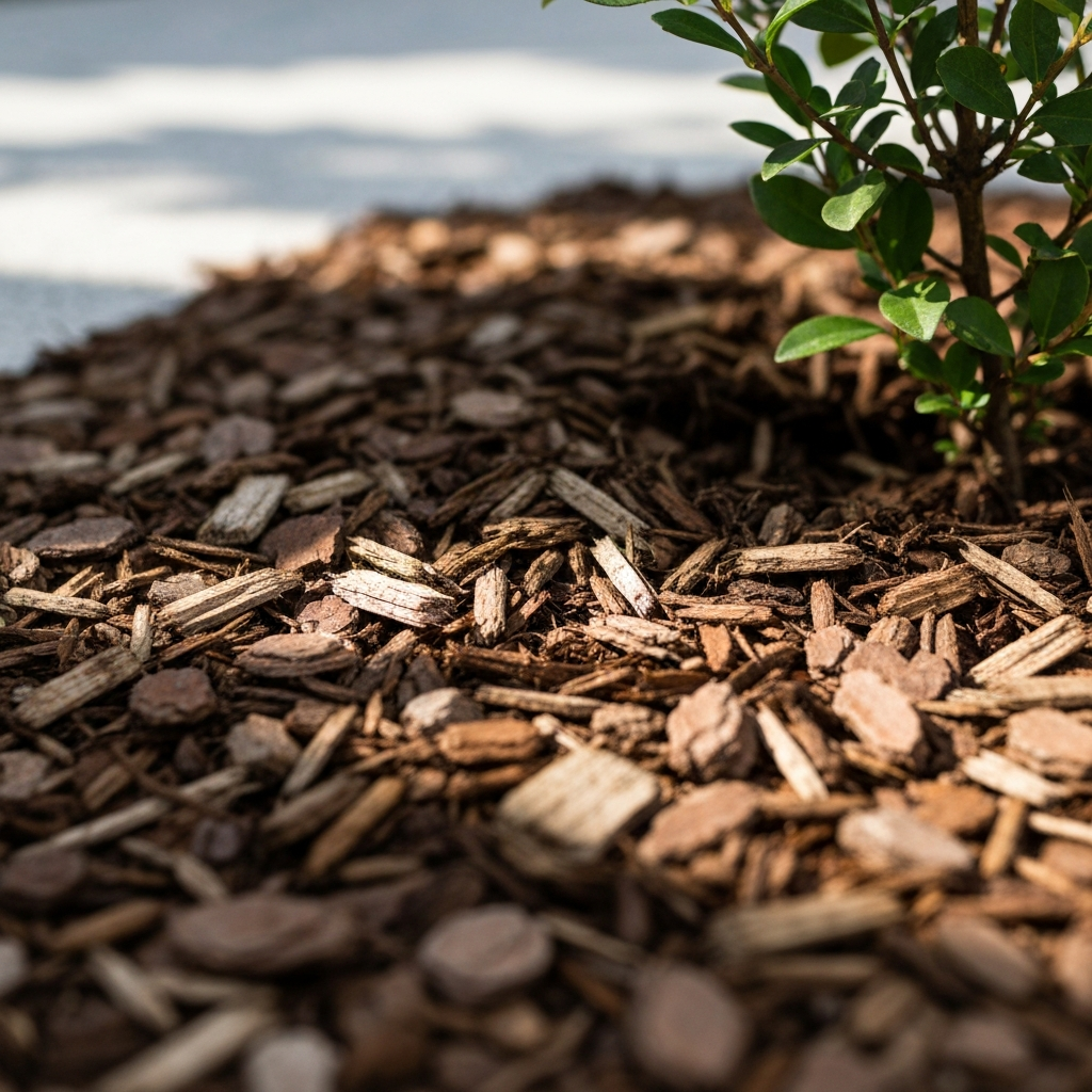 Close-up of a thick layer of wood chip mulch surrounding the base of a young shrub. The wood chips are varying shades of brown and create a textured surface. A few green leaves peek out from beneath the mulch, highlighting its protective role. Soft, natural light enhances the depth of field.