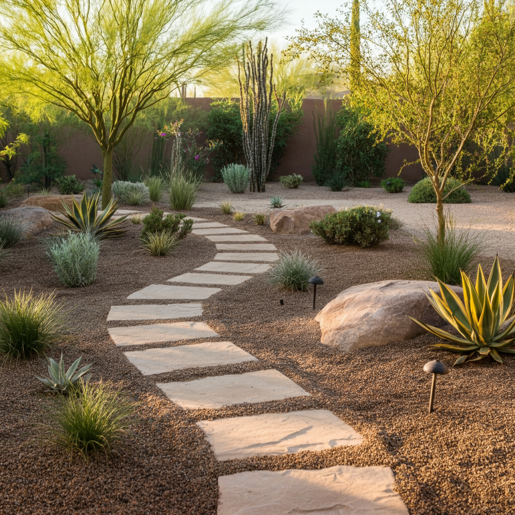Wide shot of a professionally designed xeriscaped garden. A winding stone pathway leads through a landscape of native plants, gravel mulch, and strategically placed boulders. Warm afternoon light casts long shadows, creating a sense of depth and tranquility. The garden is thriving and vibrant, despite the arid environment.