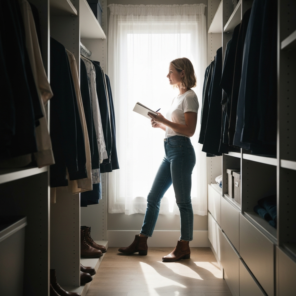 A brightly lit walk-in closet. A woman in a stylish but casual outfit (jeans and a white t-shirt) stands amidst hanging clothes, holding a notebook and pen. Soft, natural light streams in from a nearby window, highlighting the textures of the fabrics and the leather of her boots. The closet is organized but not overly pristine, suggesting a realistic, lived-in space.