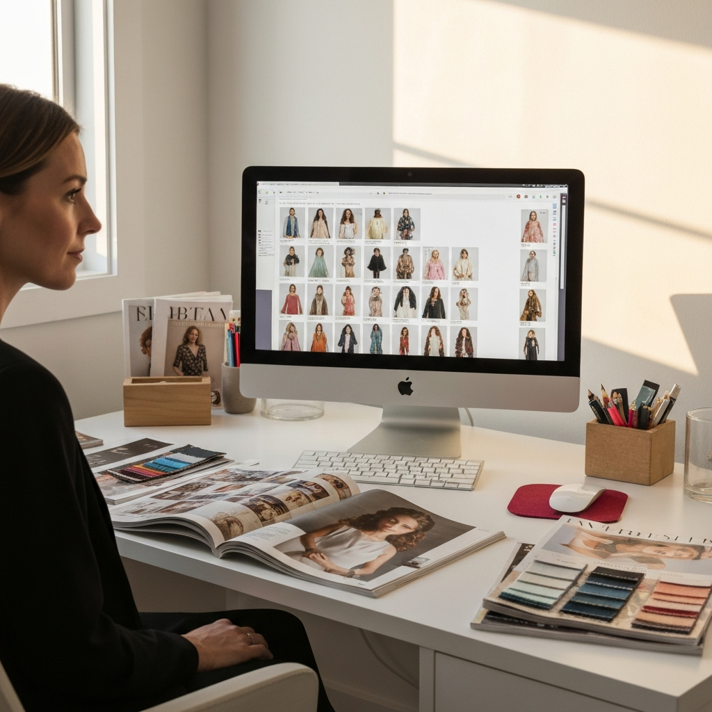 A well-organized desk area. A woman sits at the desk, surrounded by fashion magazines and fabric swatches. Her computer screen displays a Pinterest board filled with diverse fashion styles. Golden hour lighting illuminates her face, creating a warm and inviting atmosphere. The focus is on the tactile textures of the fabrics and the glossy pages of the magazines.