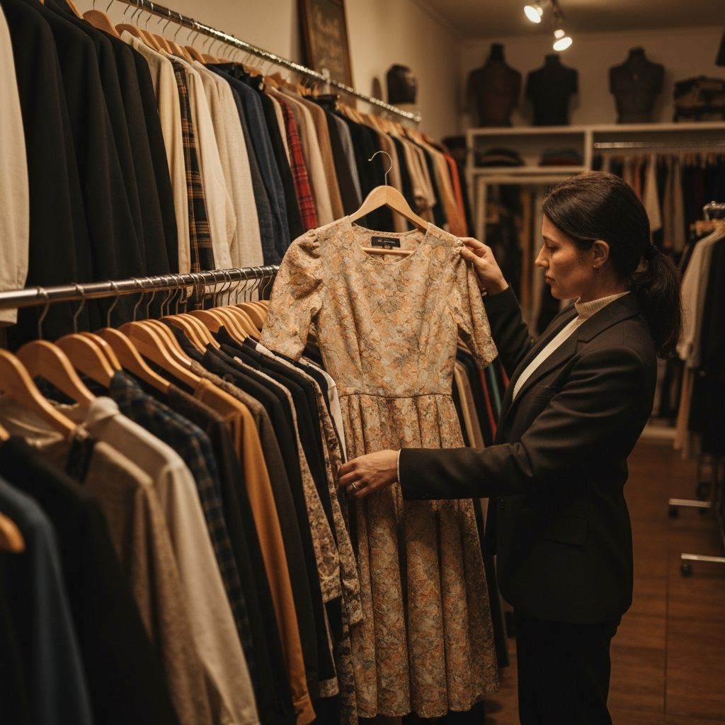 Inside a vintage clothing store. Racks of clothing are visible in the background, slightly blurred. A woman is carefully examining a vintage dress, holding it up to the light. The lighting is warm and inviting, highlighting the textures and details of the clothing. The store has a cozy and eclectic atmosphere.