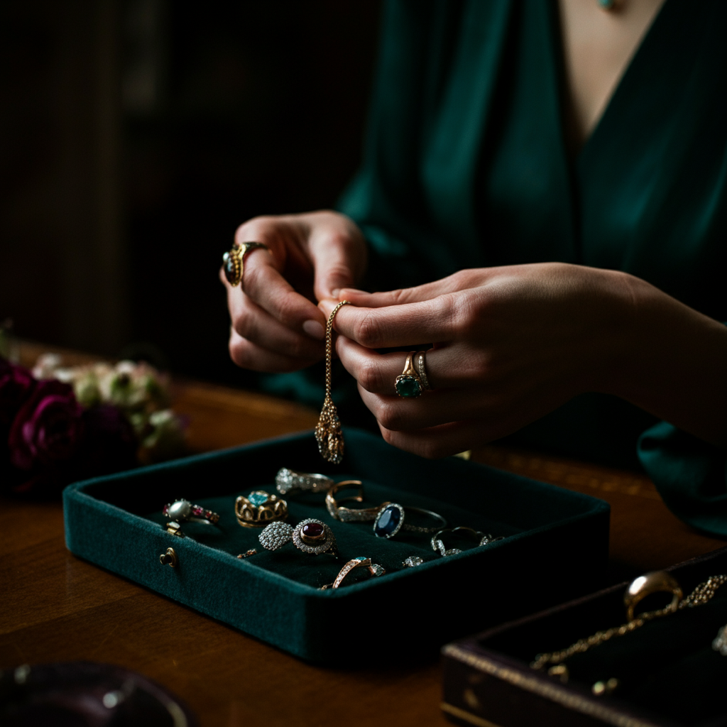 A close-up shot of a woman's hands carefully selecting jewelry from a velvet-lined jewelry box. The lighting is soft and focused, highlighting the sparkle of the gems and the texture of the velvet. The jewelry is a mix of vintage and modern pieces, reflecting a curated personal style.