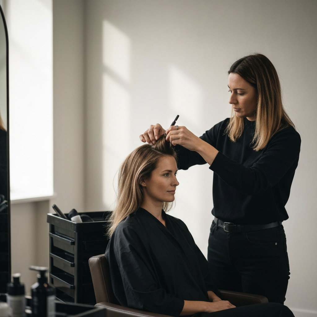 A woman sitting in a salon chair, having her hair styled by a professional stylist. Soft, diffused light illuminates her face, creating a flattering and comfortable atmosphere. The stylist is focused and attentive, working with precision and care.