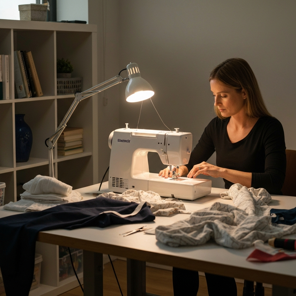A well-lit sewing room. A woman is sitting at a sewing machine, carefully working on a garment. Fabric scraps and sewing tools are scattered around her. The lighting is bright and functional, allowing for precision and detail. The room is organized and inspiring, reflecting a creative and productive space.