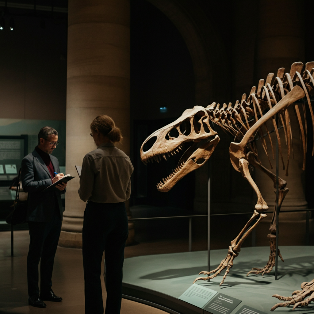 A well-lit museum exhibit showcasing dinosaur skeletons. The bones are textured and casts long shadows. Visitors in professional attire quietly observe the display, taking notes on clipboards.
