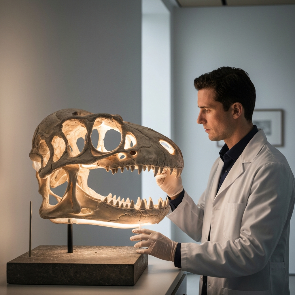 A paleontologist in a lab examining a fossilized dinosaur skull under bright, focused lighting. The skull is side-lit, revealing intricate details and textures.