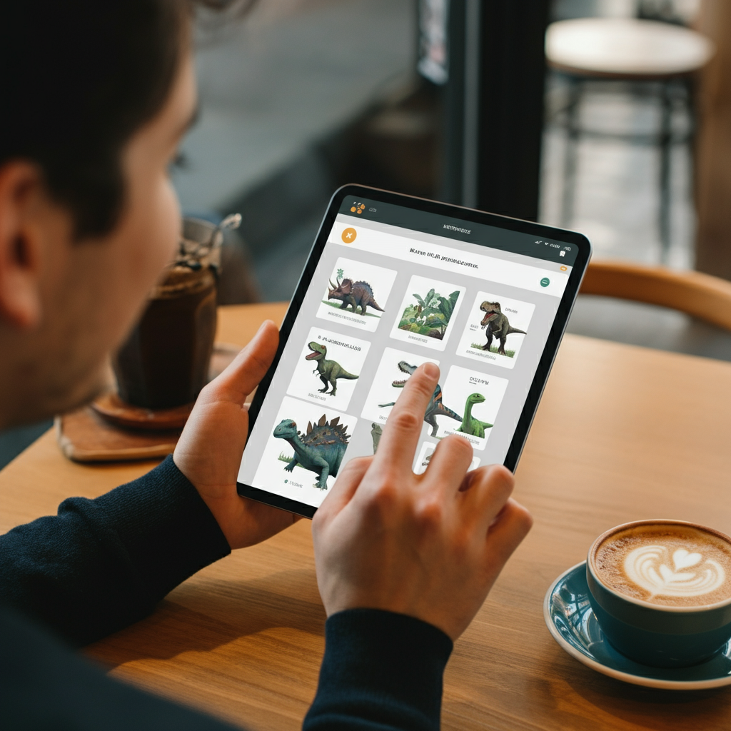 A person using a tablet in a brightly lit coffee shop, taking an online quiz with dinosaur illustrations on the screen. They are focused and engaged, with a cup of coffee nearby.