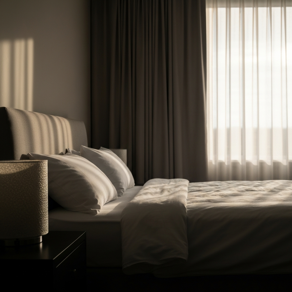 A dimly lit bedroom at dawn. Soft light filters through sheer curtains, illuminating a neatly made bed. The focus is on the crisp white linens and a textured bedside lamp.