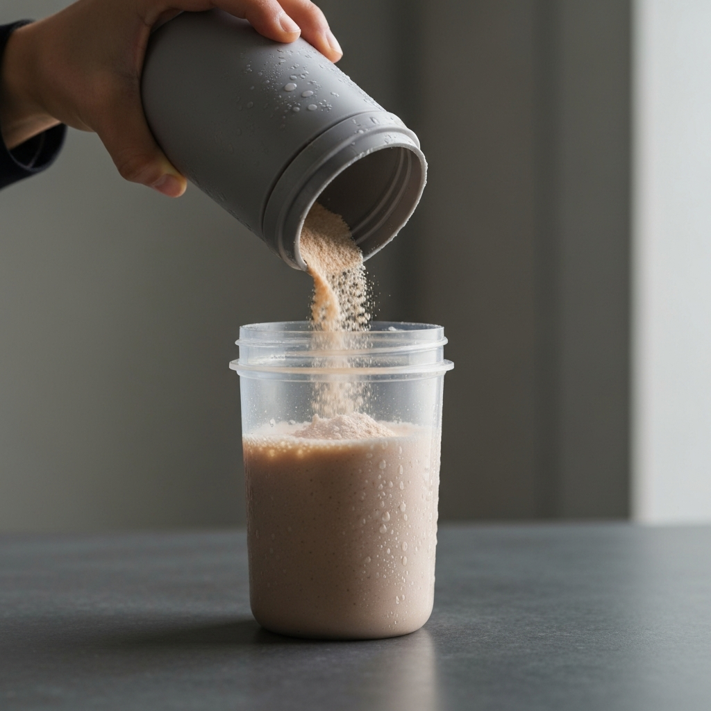 A close-up shot of a protein shake being prepared in a shaker bottle. The focus is on the texture of the protein powder and the condensation on the shaker.