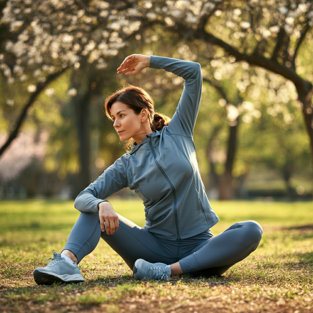 A woman doing gentle stretching exercises in a park. Soft bokeh on the trees and flowers in the background.