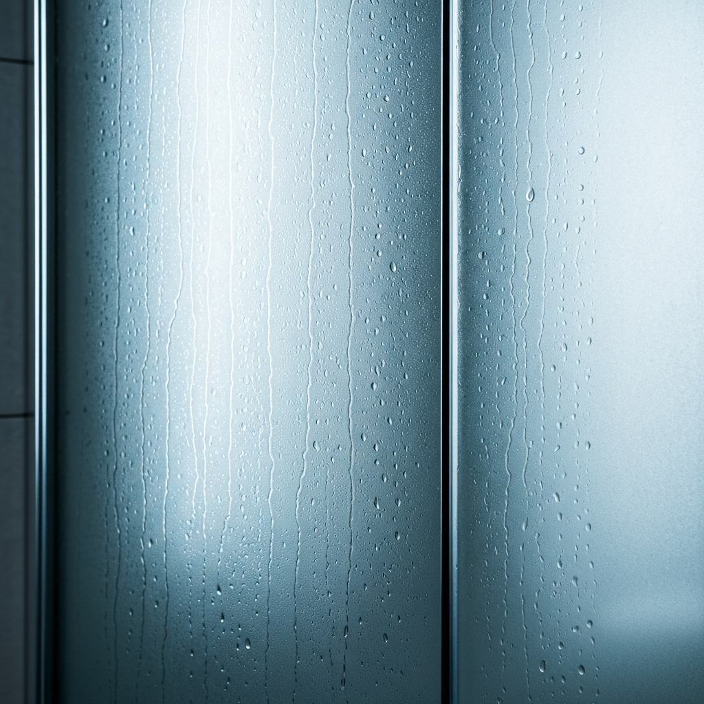 A modern bathroom with a frosted glass shower door. Water droplets clinging to the glass, lit with cool, natural light.