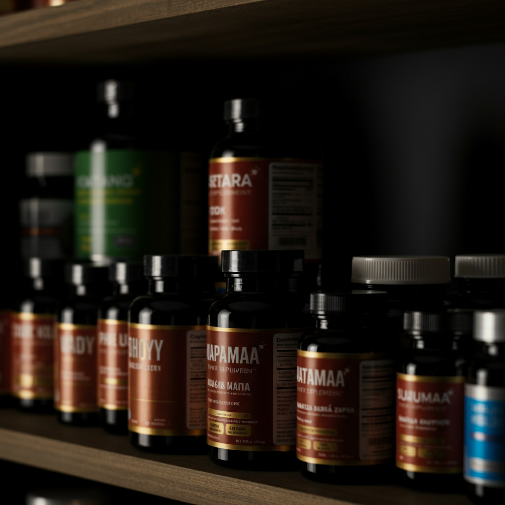 A neatly organized shelf with various supplement bottles. The bottles are arranged by type and are clean and professional-looking.