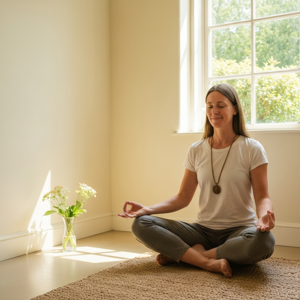 A person meditating in a quiet, sunlit room. The focus is on their relaxed posture and serene expression.