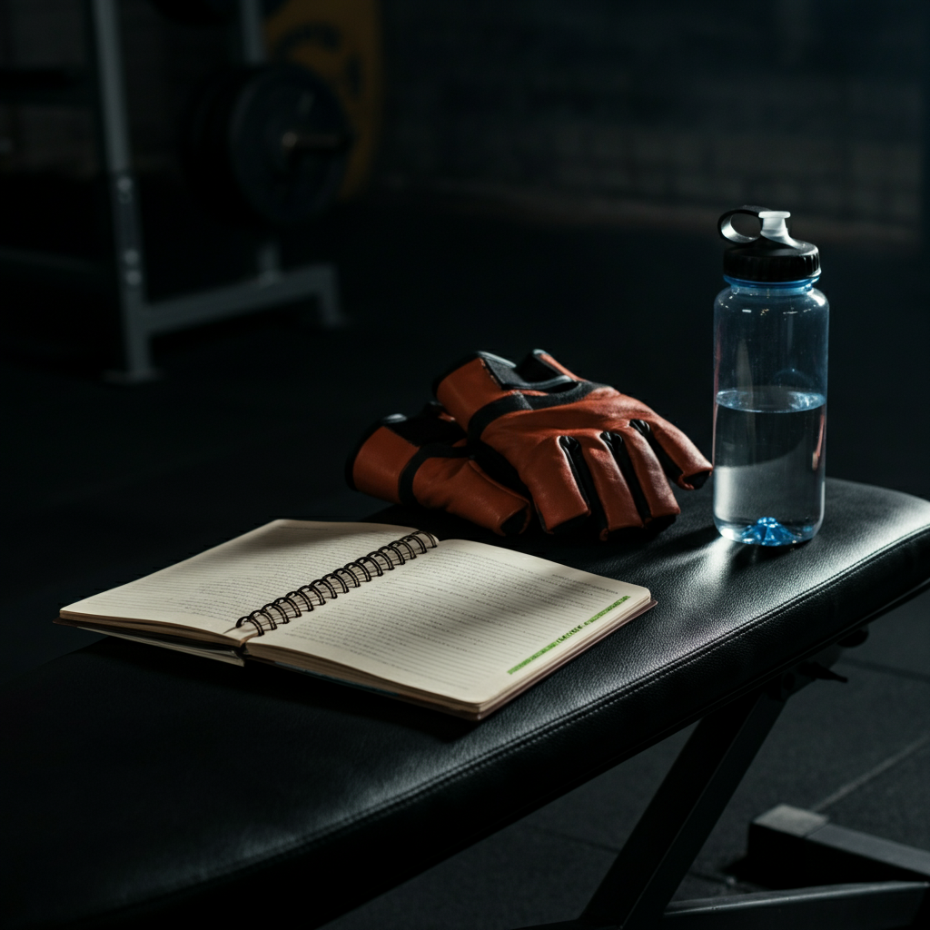 A training journal lying open on a gym bench, next to a water bottle and a pair of weightlifting gloves. Soft side-lighting highlights the textures of the leather gloves and the paper journal.