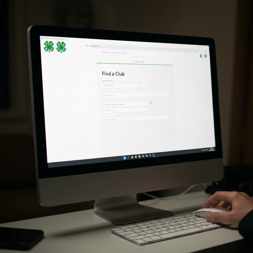 A computer screen displaying the 4-H website's "Find a Club" page. Soft lighting illuminates the monitor, highlighting the form fields for state and county selection. A hand hovers over a mouse.