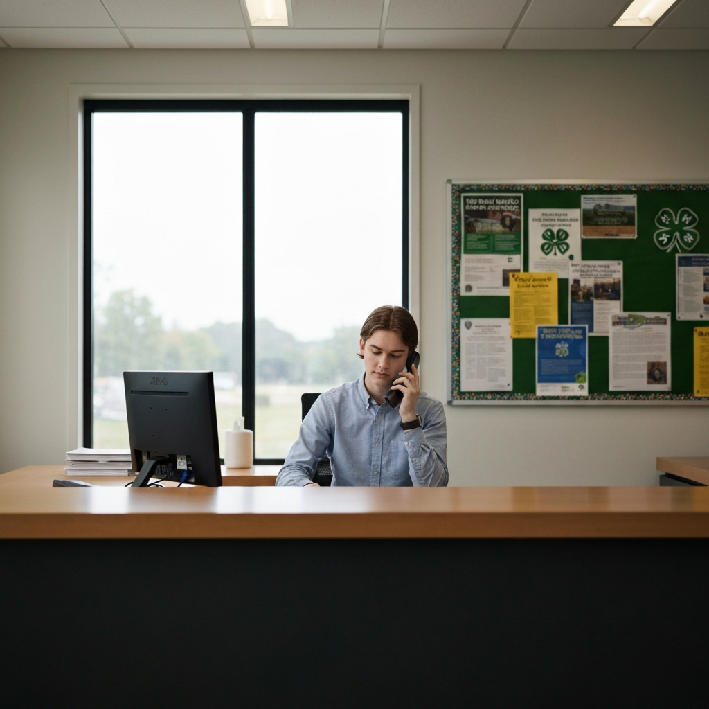 A well-lit office space with a young person sitting at a desk, talking on the phone. Soft bokeh in the background reveals a bulletin board with 4-H flyers and announcements.