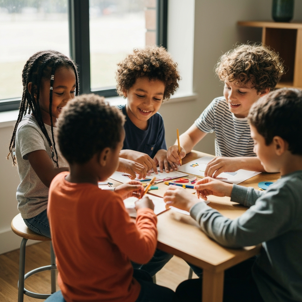 A diverse group of children of varying ages sitting around a table, engaged in a craft project. Natural light streams through a window, illuminating their faces and hands. 
