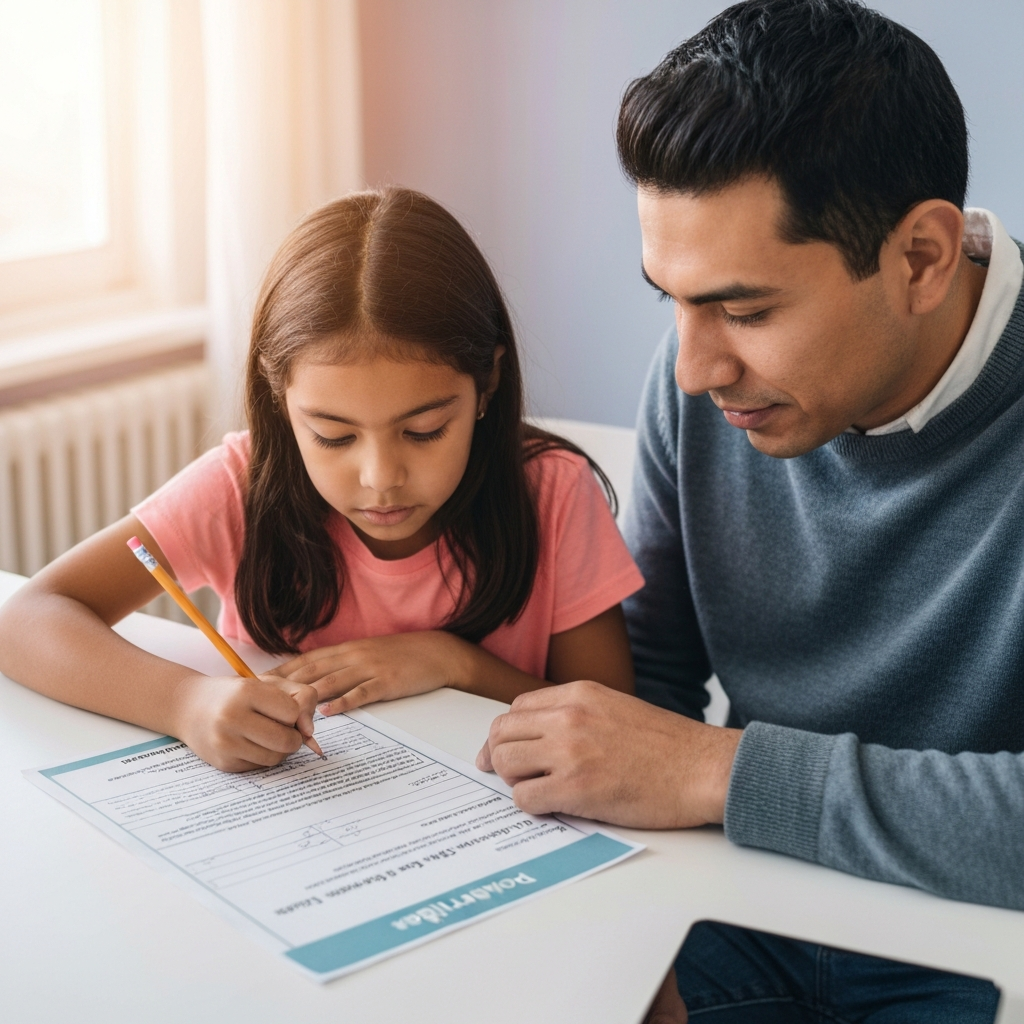 A parent and child sitting at a table, filling out an application form together. The form is well-organized and easy to read. Soft, warm lighting creates a welcoming atmosphere.