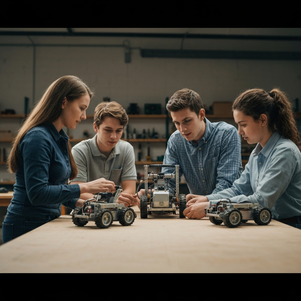 A group of 4-H members working together on a robotics project. The robots are sleek and modern, and the members are focused and collaborative. The workshop is well-equipped with tools and equipment.
