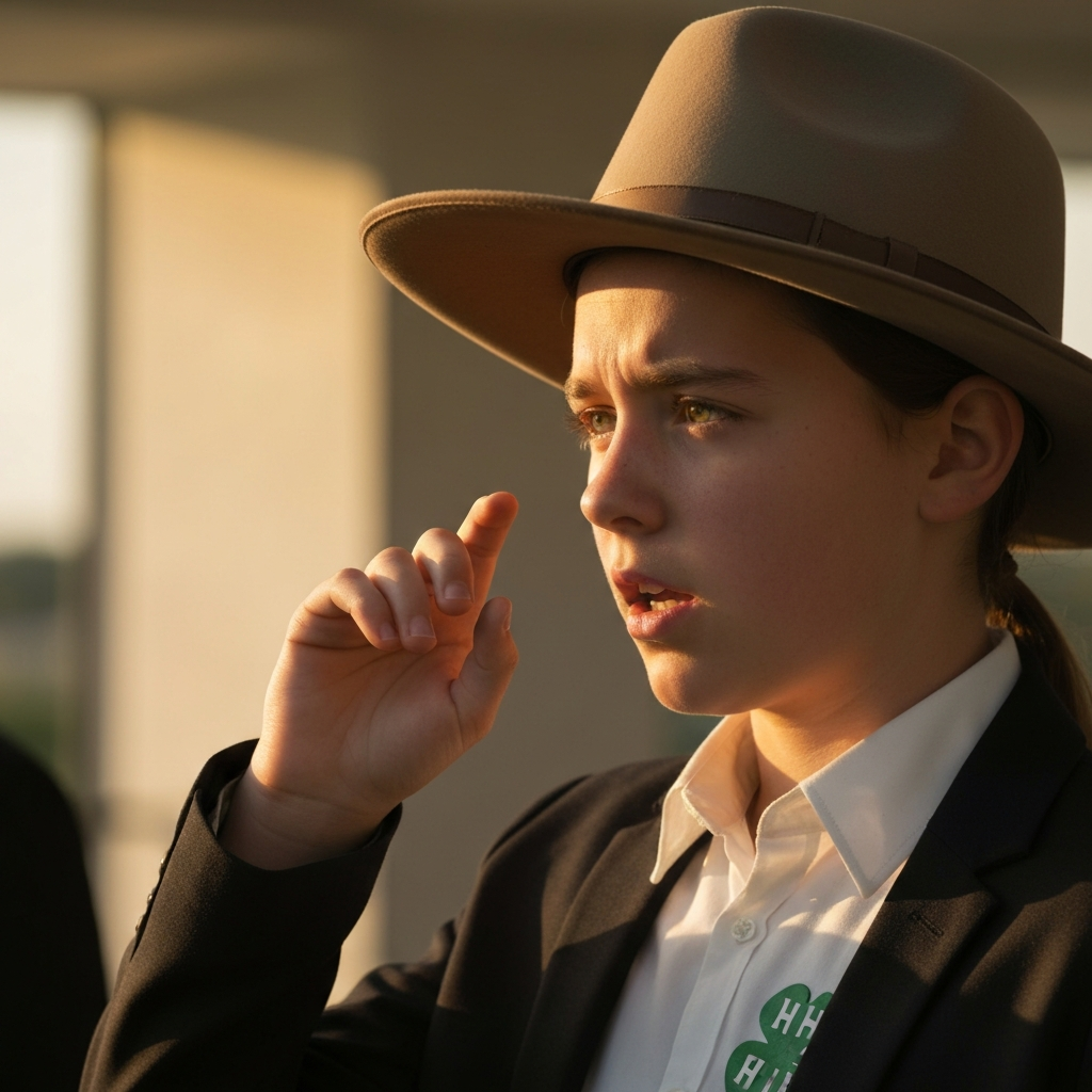 A close-up shot of a 4-H member reciting the 4-H pledge. The member's expression is sincere and determined. Golden hour lighting creates a warm and inspiring atmosphere.