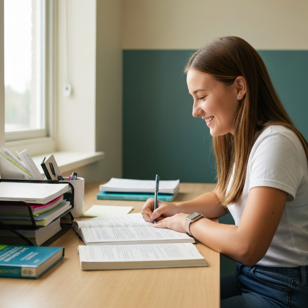 A 4-H member studying diligently at a desk. The desk is organized and well-lit, with textbooks and notes neatly arranged. The member's expression is focused and determined.