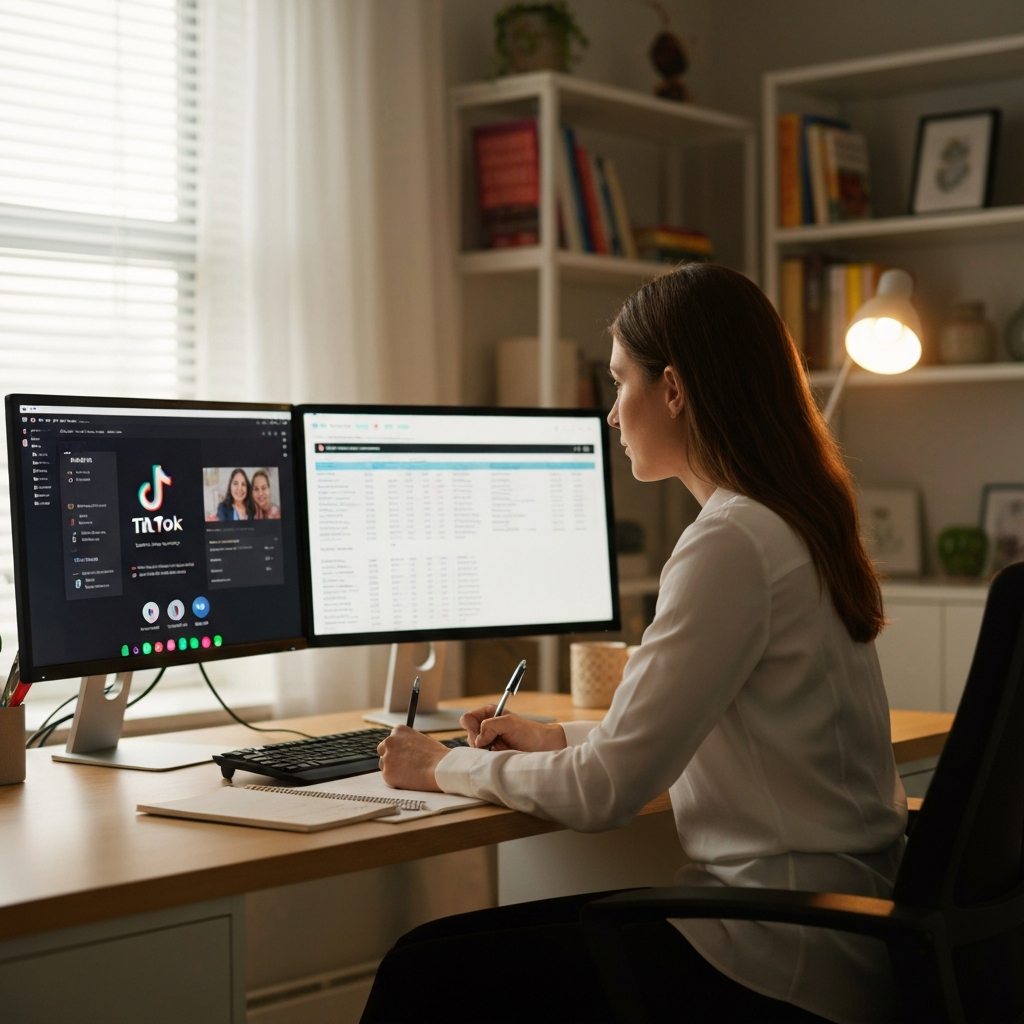 A brightly lit home office. A woman sits at a desk with two monitors. One shows the TikTok app, the other a spreadsheet. She is taking notes while watching TikTok videos, occasionally pausing and rewinding. Soft bokeh in the background shows shelves with books and decorations.