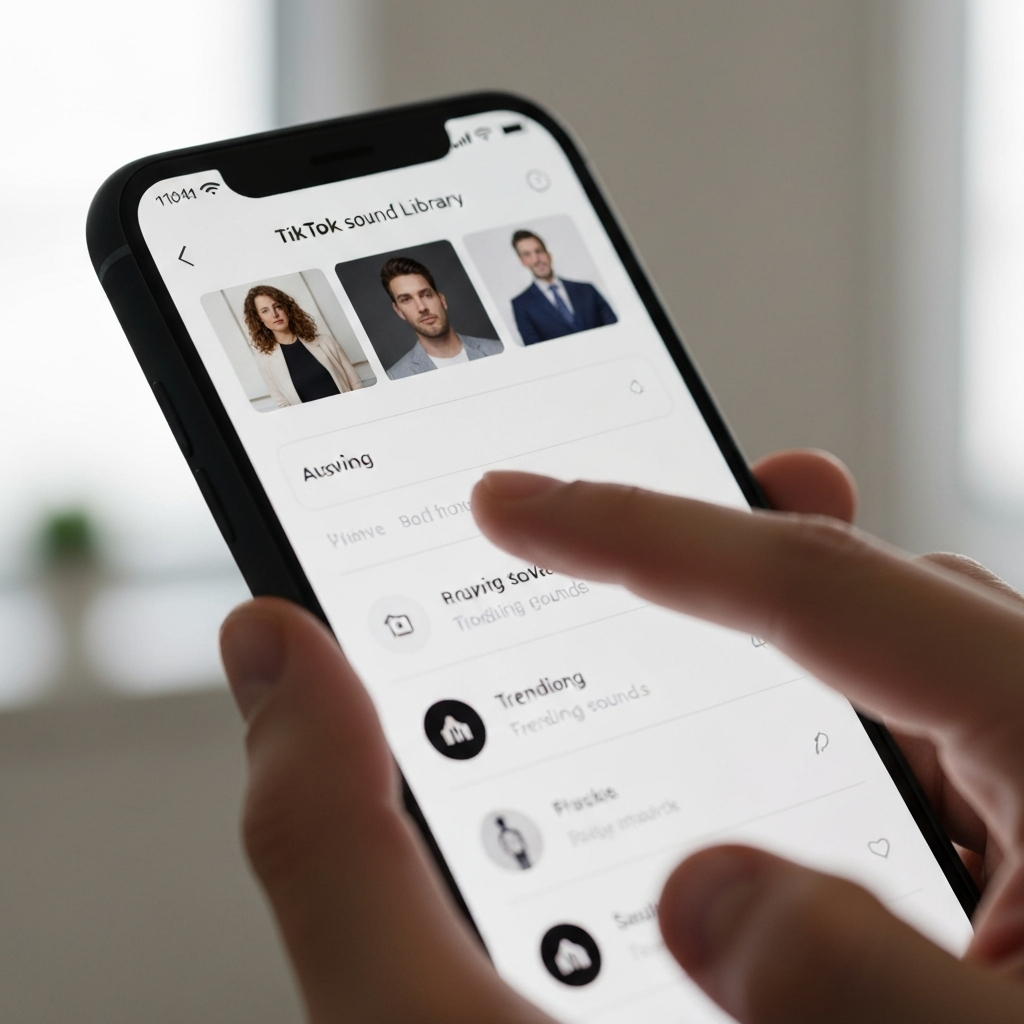 Close-up of a smartphone screen displaying the TikTok sound library. A finger scrolls through the list of trending sounds, hovering over a few before selecting one. Focus is sharp on the screen, with blurred details of a hand holding the phone.