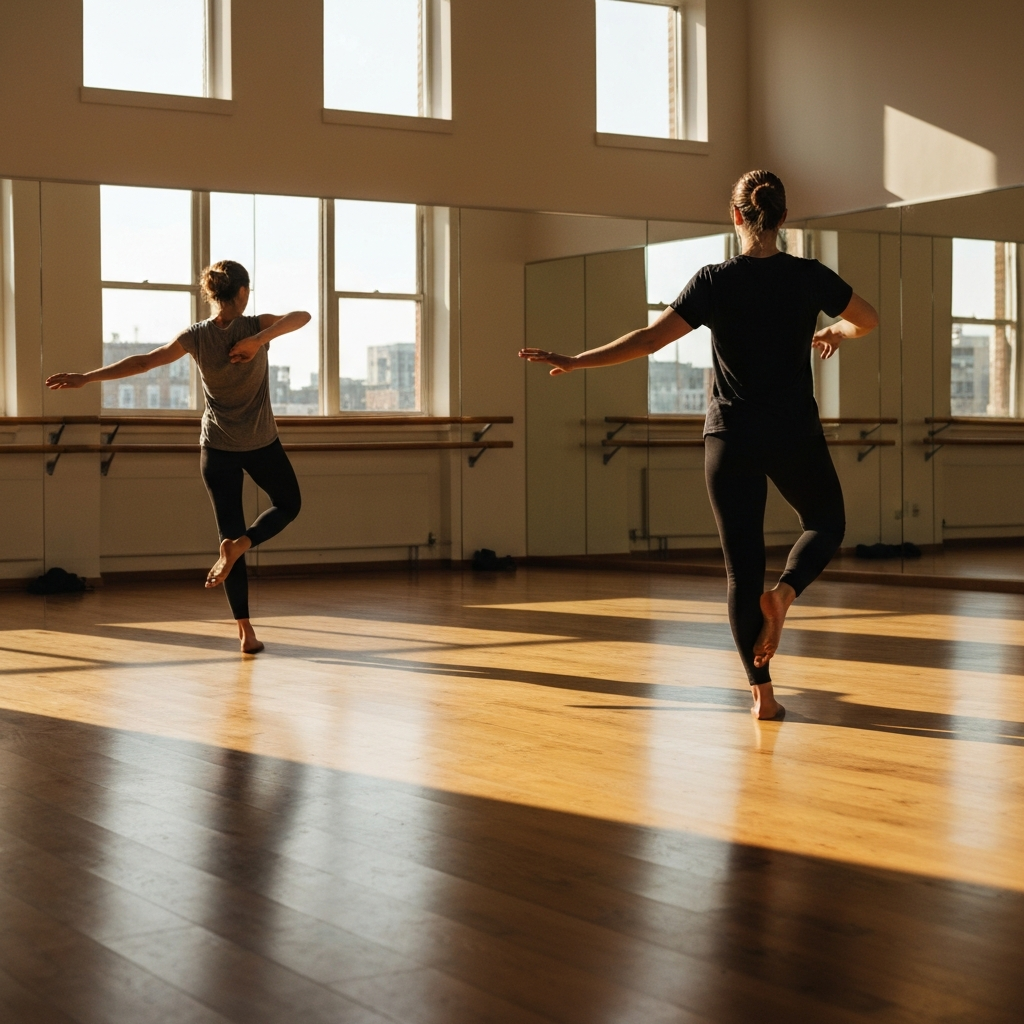 A dance studio with hardwood floors and large mirrors. Two dancers are facing the mirror, practicing a sequence of simple arm and leg movements. Natural light floods the room through large windows, creating long shadows.