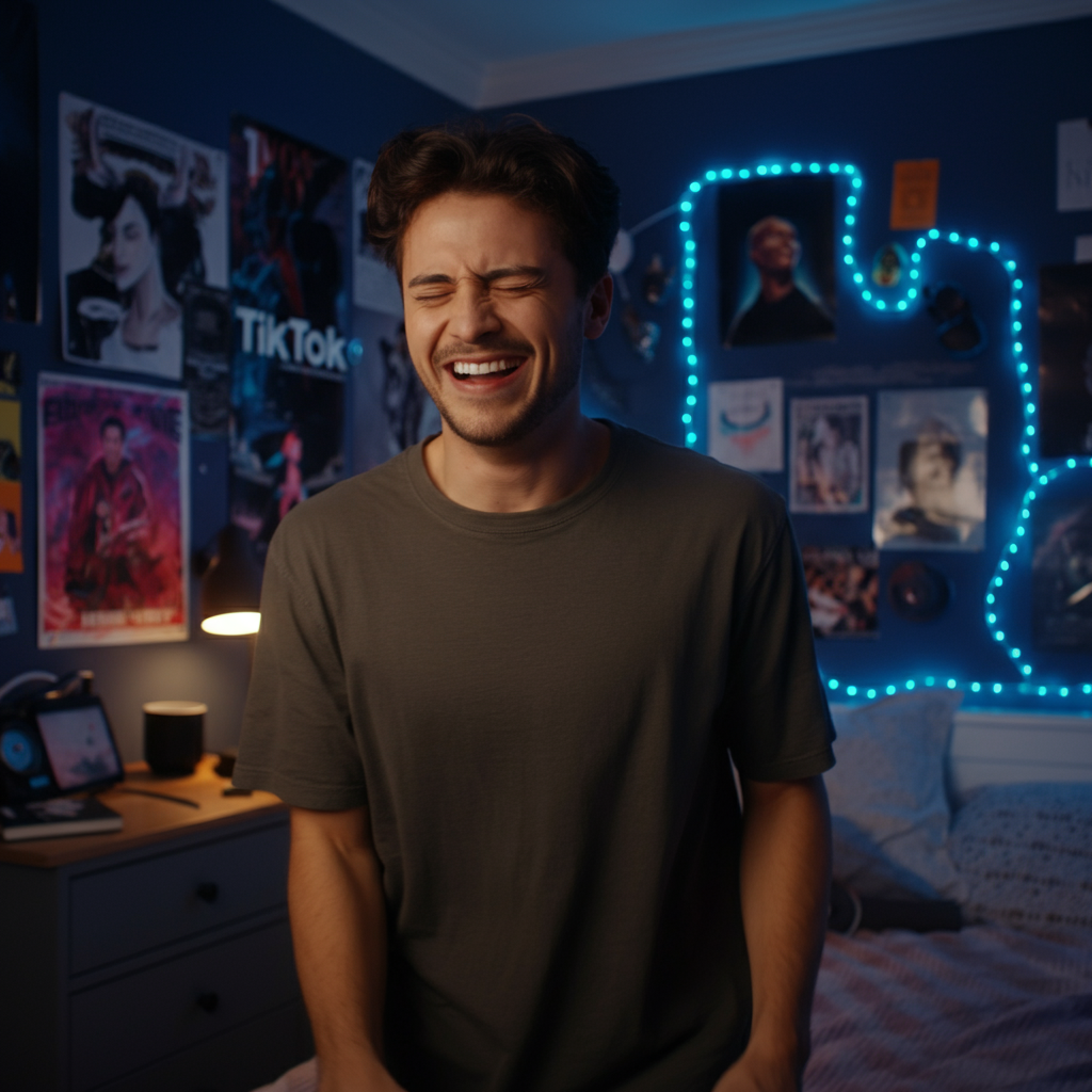 A young man is recording a TikTok dance in his bedroom. He adds a playful, unexpected move at the end of the sequence, laughing as he does so. The room is decorated with posters and personal belongings, reflecting his individual style.