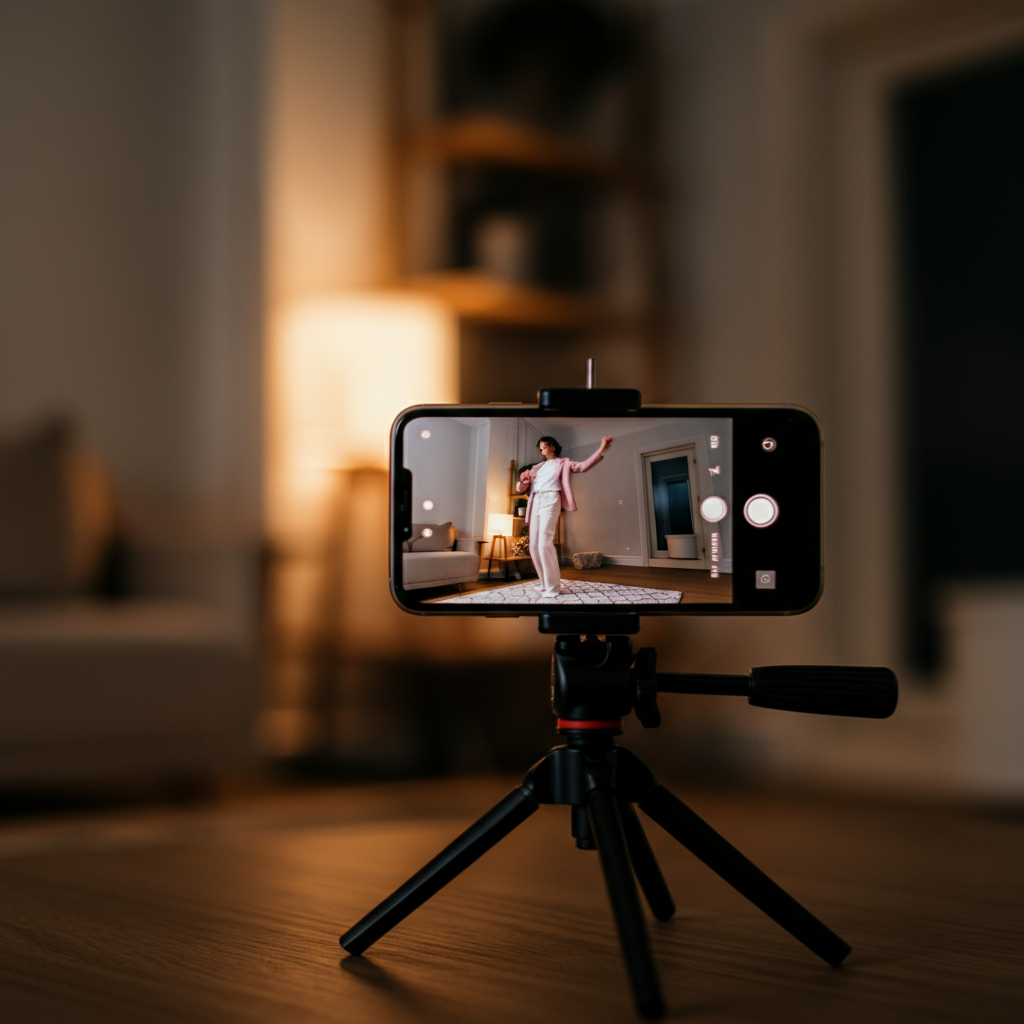 A well-lit living room with minimalist decor. A smartphone is mounted on a tripod, recording a person dancing. Soft, diffused lighting creates a warm and inviting atmosphere. The focus is sharp on the dancer, with a slightly blurred background.