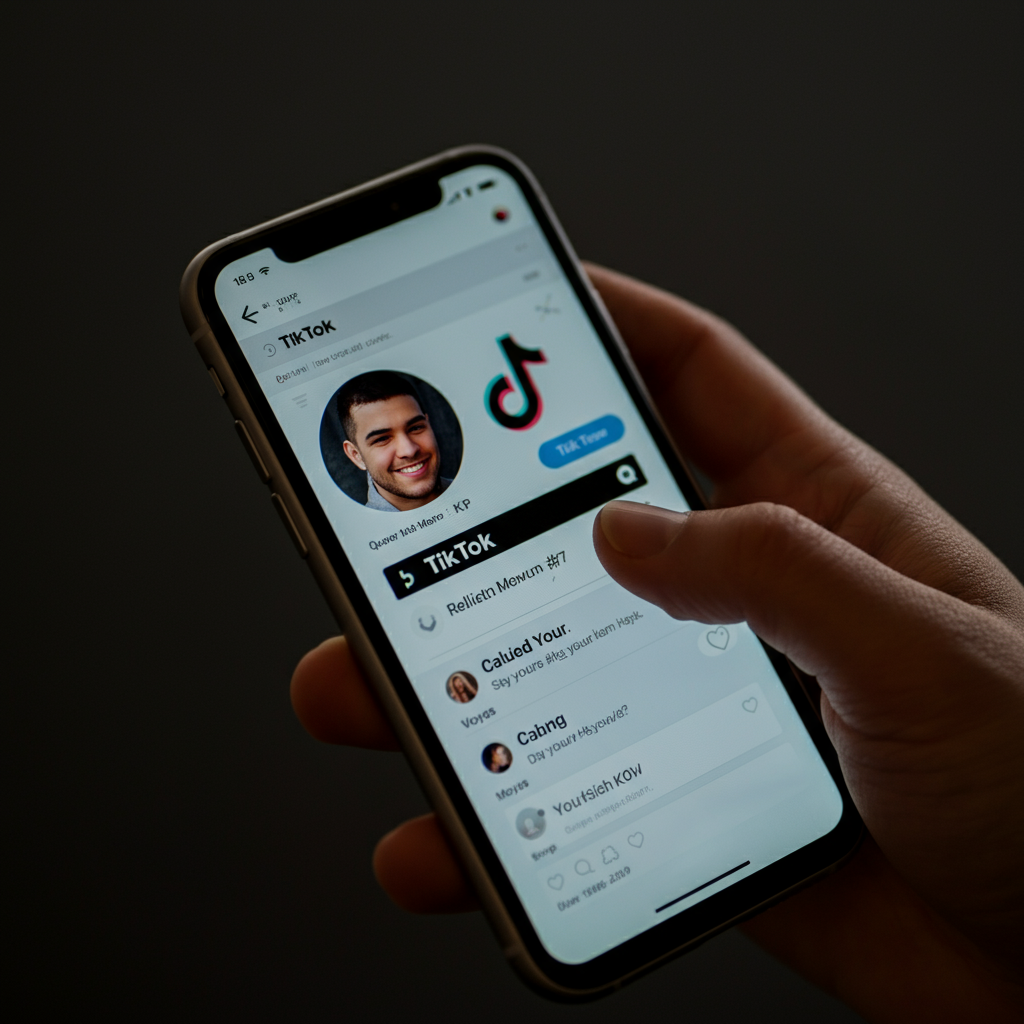 A close-up of a smartphone screen displaying the TikTok posting interface. A finger types in relevant hashtags and a catchy caption. The screen is brightly lit, highlighting the text and the various posting options.