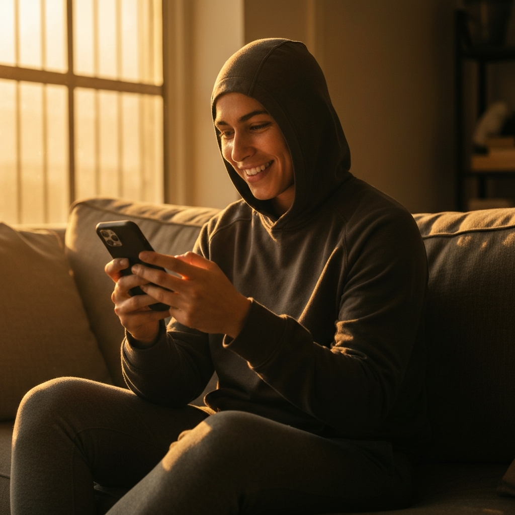 A person is sitting on a couch, smiling as they scroll through TikTok comments on their phone. They are actively responding to messages and liking videos that feature their dance. The lighting is warm and inviting, creating a comfortable atmosphere.