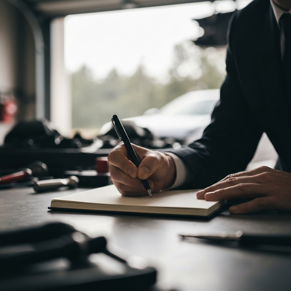 Close-up of a hand writing in a notebook in a garage, with tools and car parts blurred in the background. Soft, diffused light from an open garage door illuminates the page.