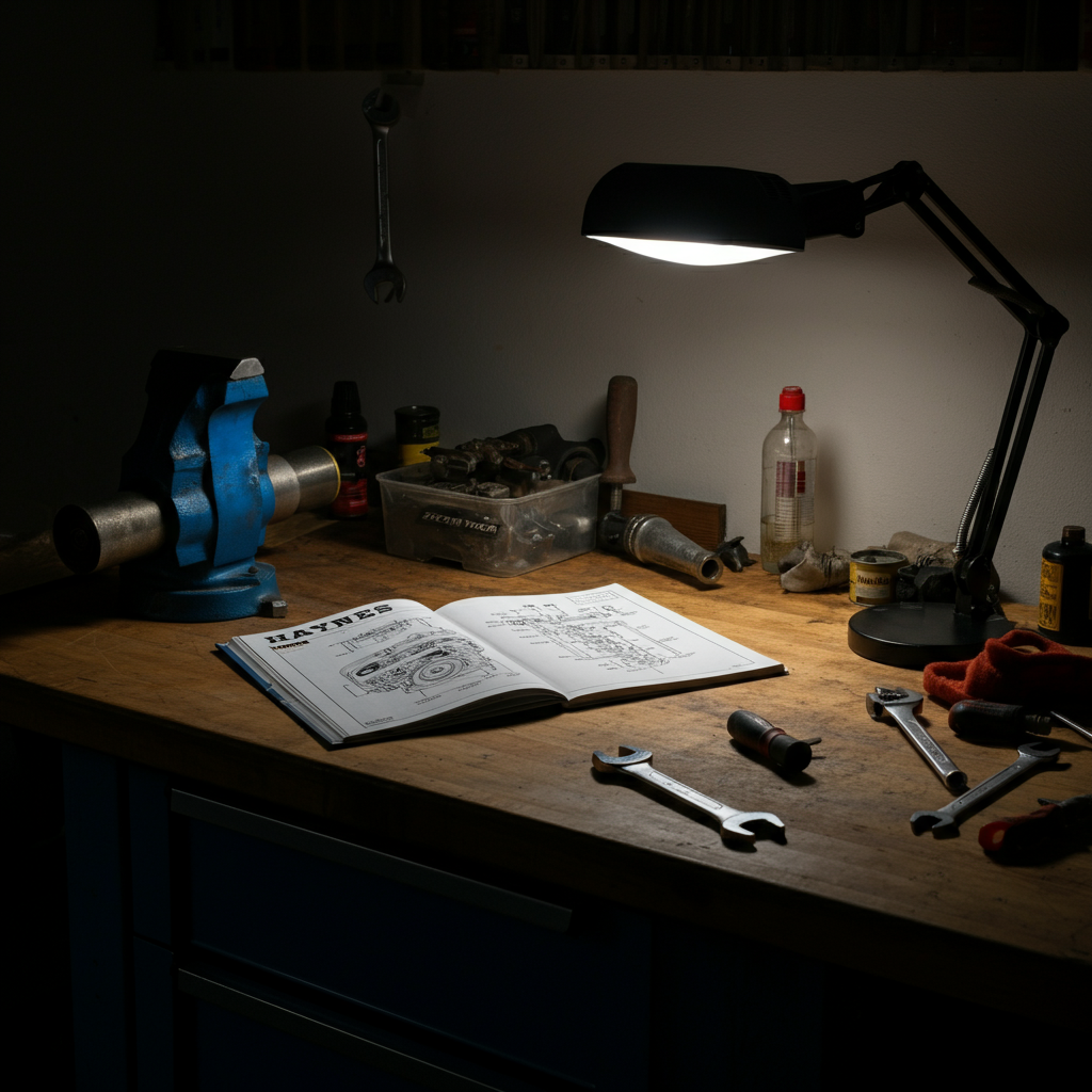 A well-organized garage workbench with a Haynes manual open, illuminated by a task light, showing a detailed engine diagram. Wrenches and other tools are neatly arranged in the background.
