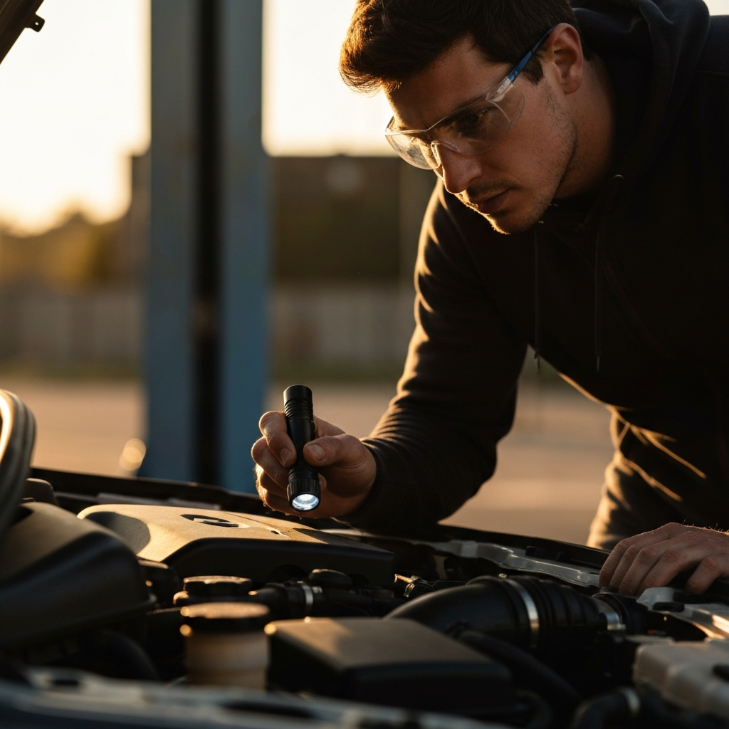 A mechanic wearing safety glasses inspecting an engine bay with a flashlight. The engine is clean, and the mechanic's expression is focused. Golden hour lighting creates long shadows and highlights textures.