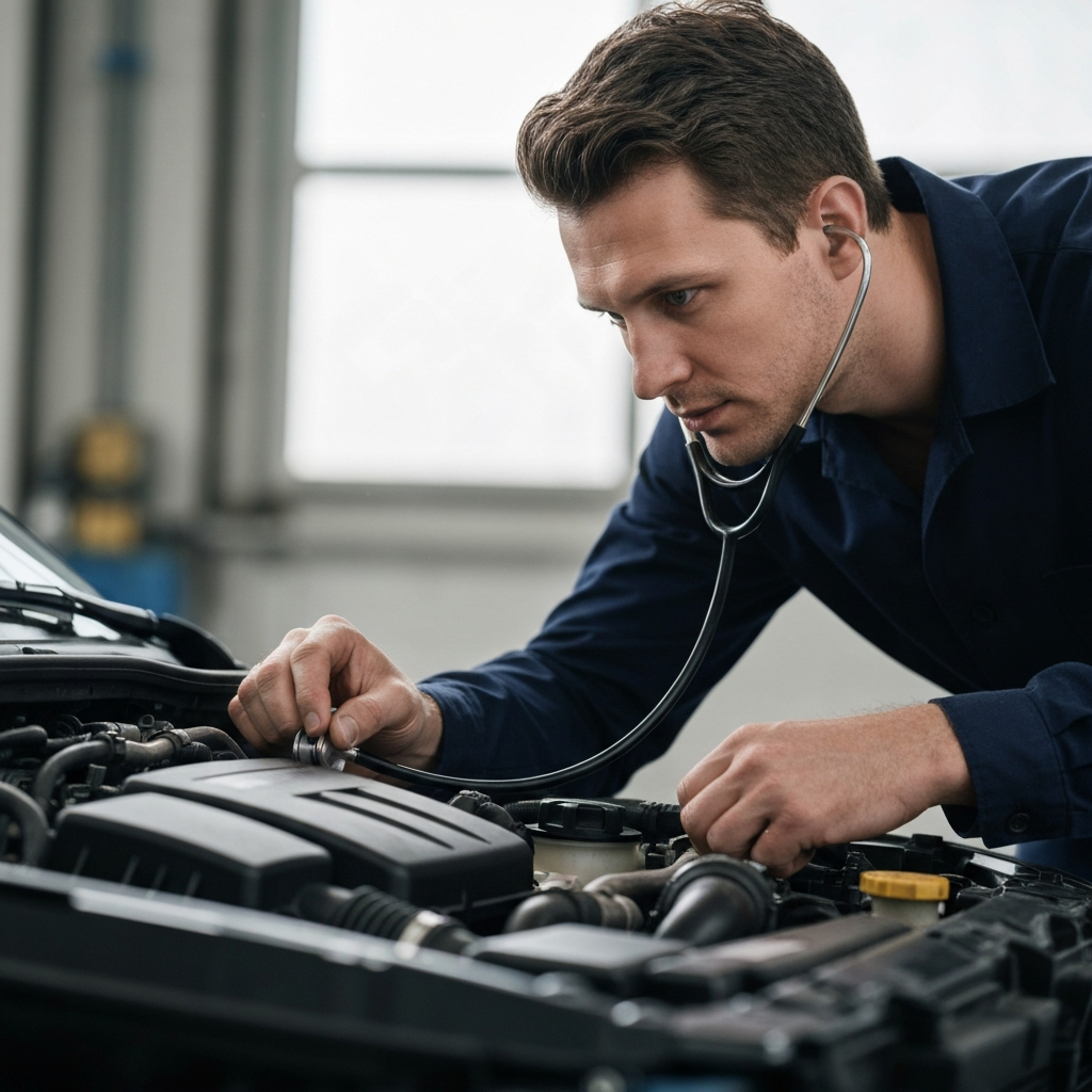 A person leaning into an engine bay, using a mechanic's stethoscope to listen to the engine. The engine is running, and the person's face is showing concentration.