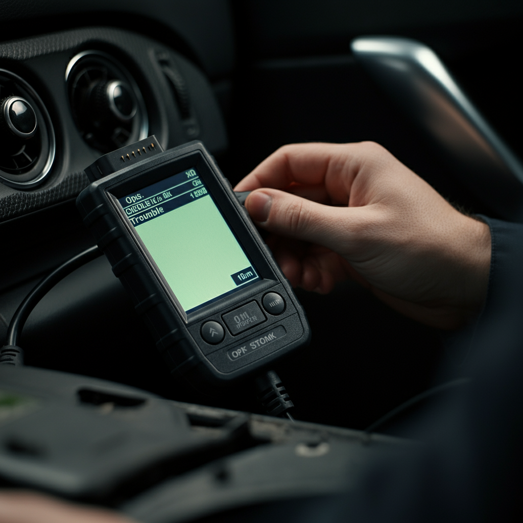 A close-up of an OBD II scanner plugged into a car's diagnostic port, displaying a trouble code on the screen. The car's dashboard is visible in the background, with the check engine light illuminated.
