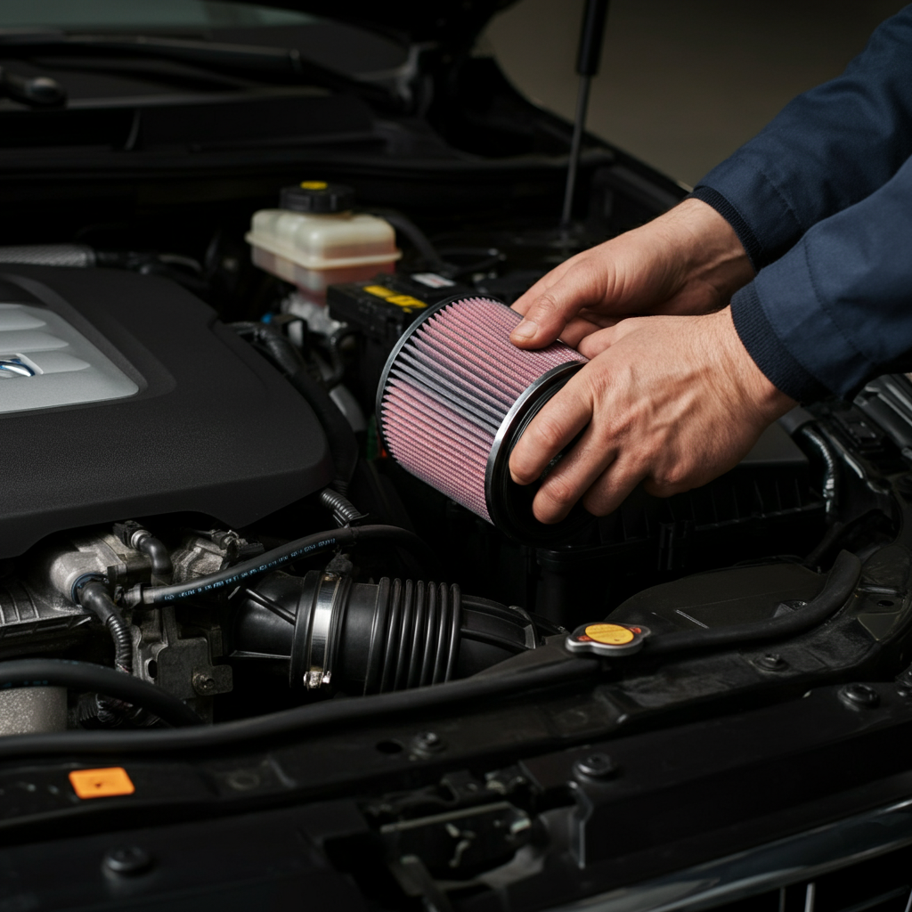 Hands replacing an air filter in an engine bay. The air filter housing is open, and a new, clean air filter is being installed. The scene is well-lit, showing details of the filter and surrounding components.