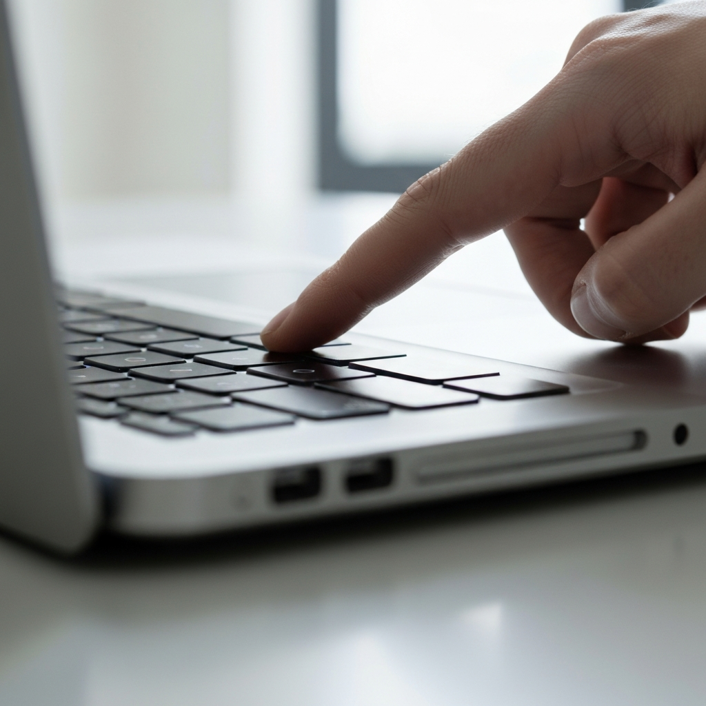 A close-up of a hand pressing the power button on a sleek, modern laptop. The laptop is made of brushed aluminum, showing subtle reflections. Shallow depth of field focuses on the power button.