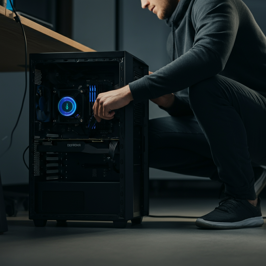 A technician crouching behind a desk, inspecting the back of a computer tower. Cables are neatly organized with zip ties. The area is well-lit, showing the details of the ports and connectors.