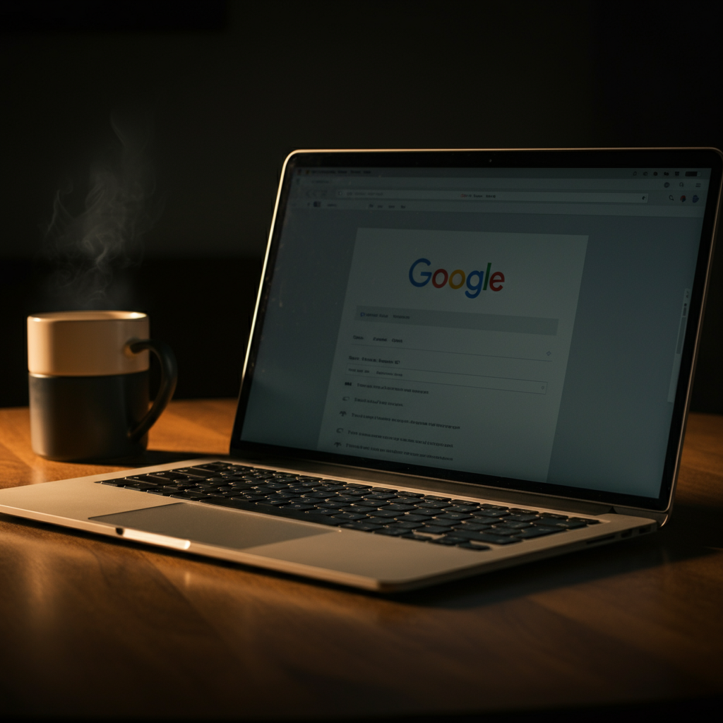 An open laptop on a wooden table. The screen shows a Google search results page. A steaming mug of coffee is next to the laptop. The light is warm and inviting, creating a cozy atmosphere.