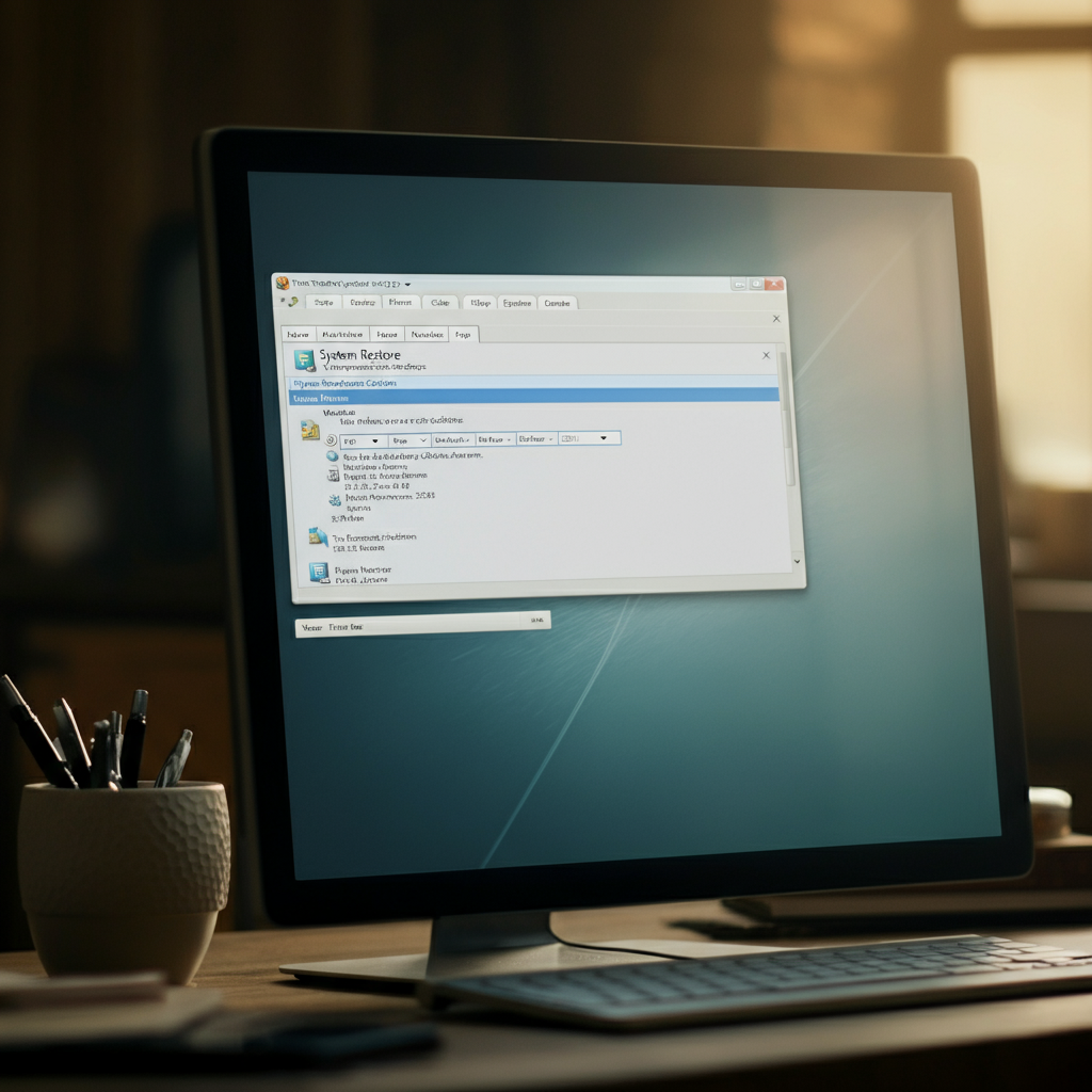 A computer screen displaying the System Restore utility in Windows. The screen is slightly blurred, suggesting a sense of depth. Soft, neutral lighting bathes the scene.