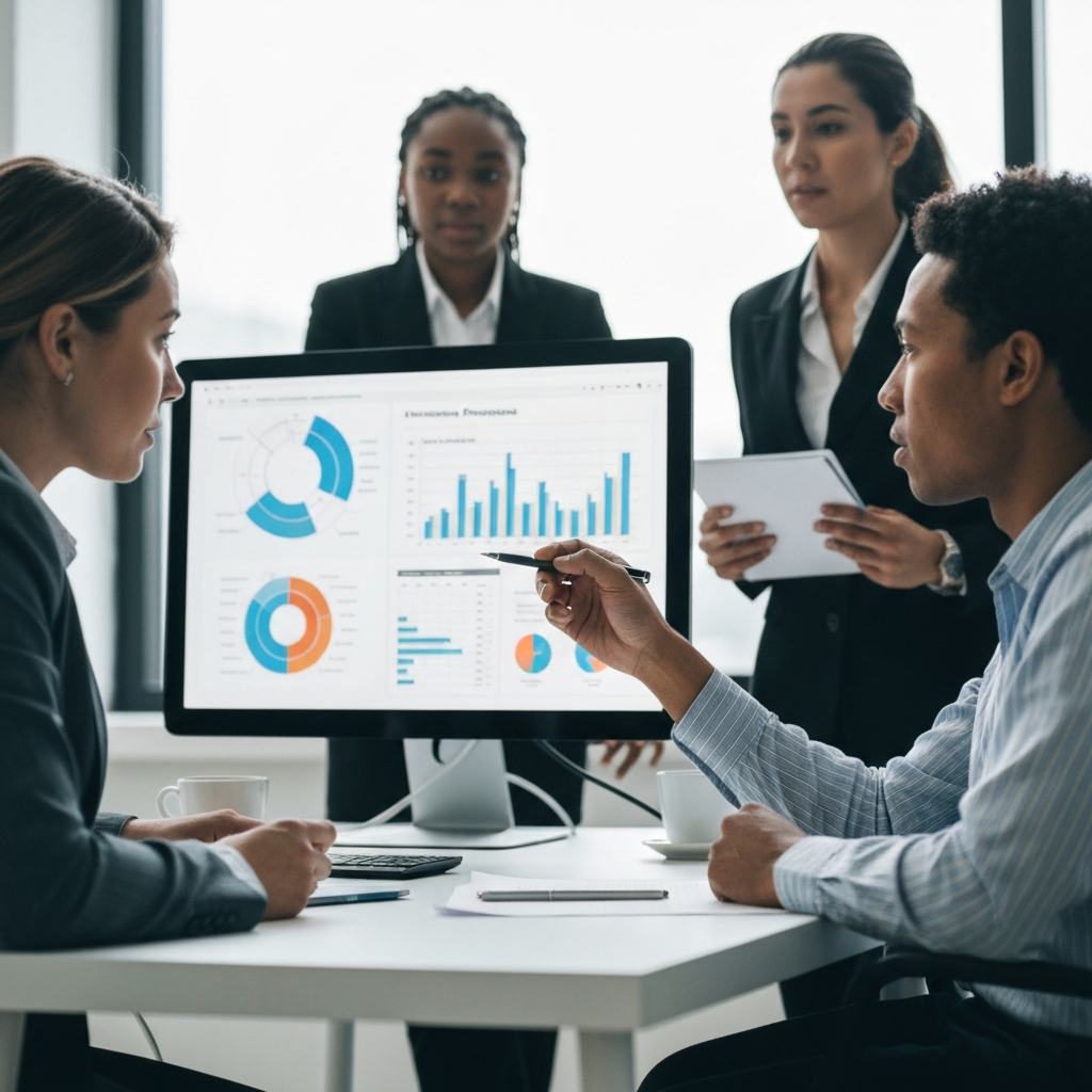 A brightly lit office with diverse professionals collaborating around a large monitor displaying user personas and data visualizations. Soft bokeh on the background office environment. One person gestures towards a chart with a pen.