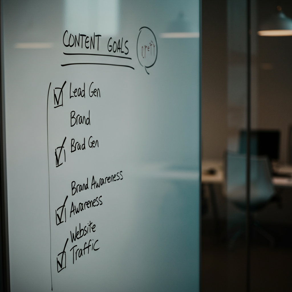 A close-up shot of a whiteboard in a modern office space. The whiteboard contains bullet points listing content goals (Lead Gen, Brand Awareness, Website Traffic), each marked with a checkmark. Soft, even lighting.