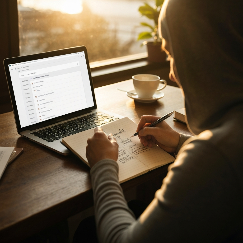 A coffee shop setting with a person sketching ideas in a notebook. A laptop sits open beside them, displaying a keyword research tool. Golden hour lighting streaming in from the window. The texture of the notebook paper is emphasized.