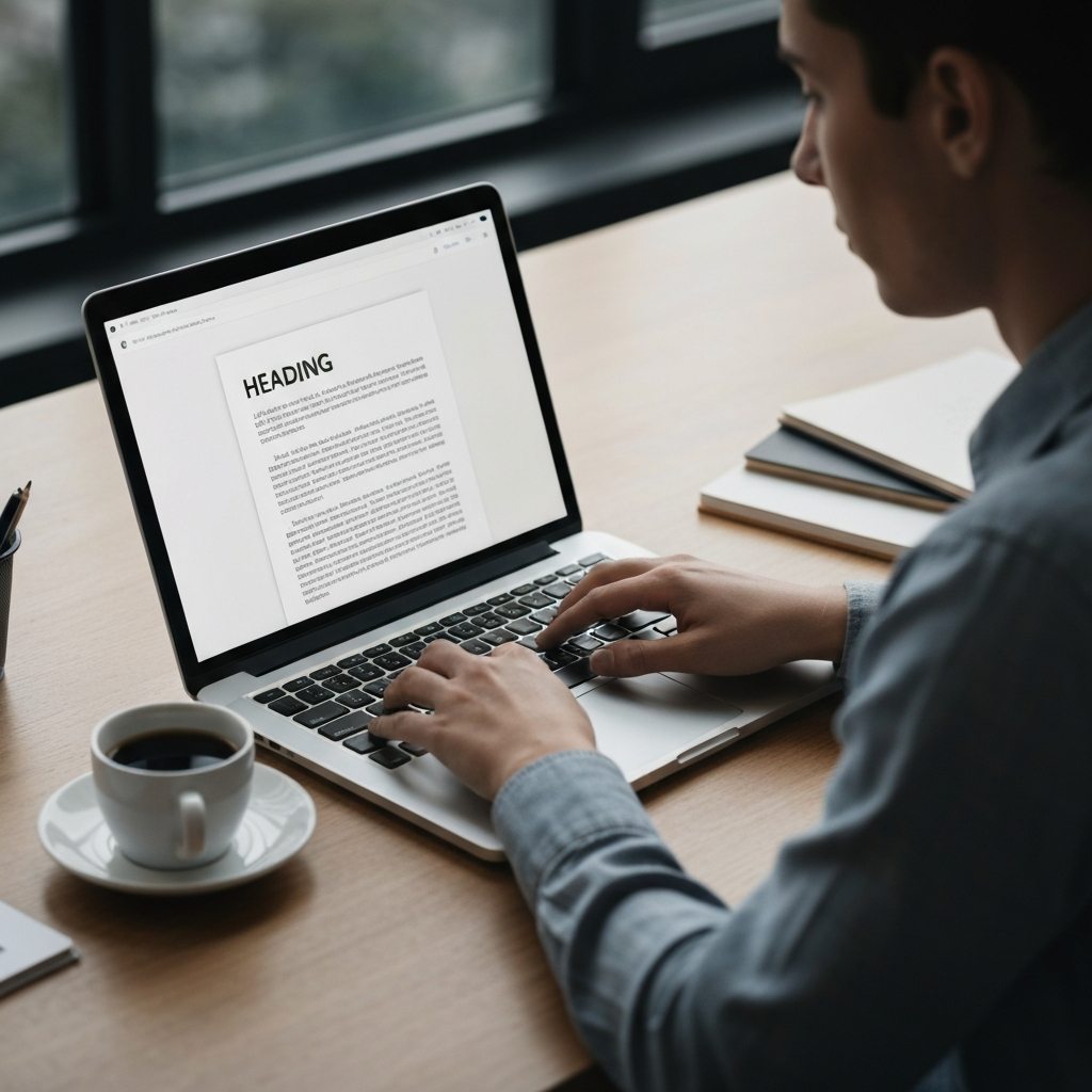 A person sits at a desk, focused intently on typing on a laptop. A cup of coffee sits nearby. Natural light illuminates the workspace. The laptop screen displays a document with headings and subheadings.