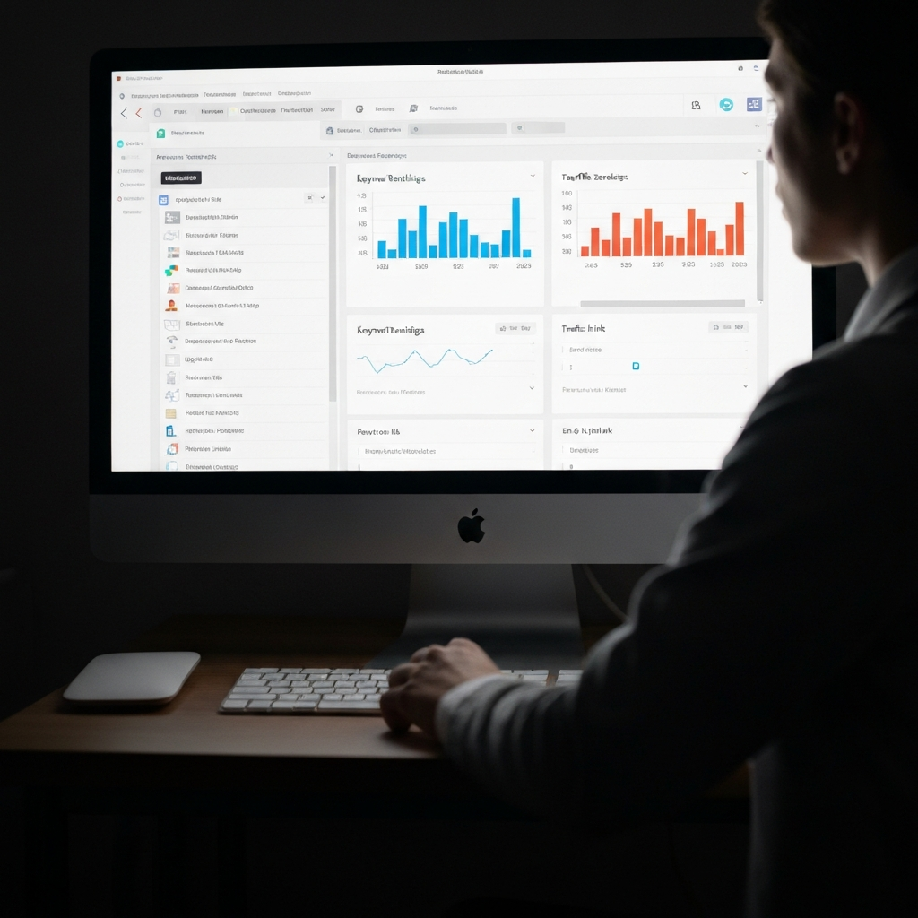 A computer screen displaying SEO analysis software. The screen shows keyword rankings, traffic data, and backlink information. The room is dimly lit, with the screen providing the primary light source.
